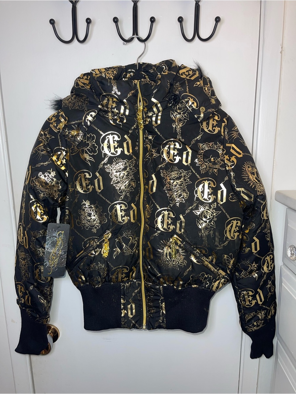 NWT Ed Hardy Black Puffer Jacket with Metallic Gold Logo Print